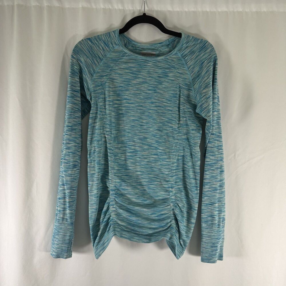 Athleta Blouse Women's Medium Blue Striped Long Sleeve Ruched Long Sleeve
